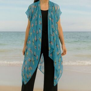 Kimono Wrap Scarf Blue Dragonfly Pink Yellow OSFM Flowy Romantic Ethereal Fairyc